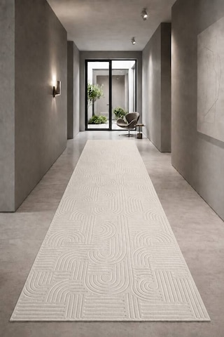 Krem Modern Desenli Kaymaz Tabanlı Rulo Yolluk Halı 3017n11