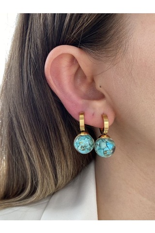 Mavi Taşlı Yuvarlak Sallantılı Çelik Kararmaz Gold Kaplama Küpe Ç