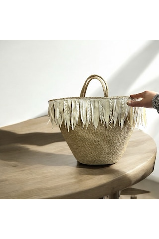 Hasır Çanta, Plaj Çantası, Tasarım Çanta, Ekru Kalın Püsküllü El Çantası Kahverengi - Açık Bej