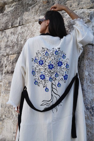 Befera Müslin Kimono Pamuklu Nazar Boncuk Baskılı Desenli Bornoz Kaftan Sabahlık Ekru