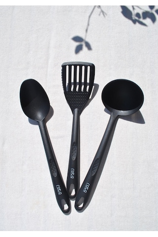 3 Adet Isıya Dayanıklı Yemek Hazırlık Seti Kaşık Kepçe Spatula Pratik Mutfak Servis Seti- Siyah
