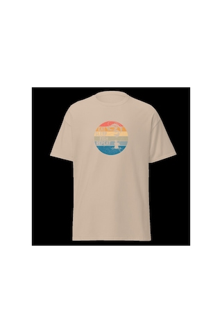 Wildstyle Retro Balık Gün Batımı Vintage Balıkçılık Deniz Baskılı Unisex Bisiklet Yaka Pamuklu Tişört Camel
