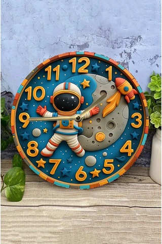 Astronot Ve Ay Temalı Mdf Çocuk Duvar Saati 3d Görünümlü, 2d Hd Baskı, Sessiz Mekanizma Sdw239 Renkli