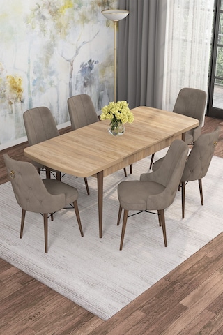 Mona Meşe Desen 80x132 Açılabilir Mdf Masa Yemek Odası Takımı, Mutfak Takımı 6 Adet Sandalye Meşe Masa - 6 Cappuccino - Ceviz Ayak