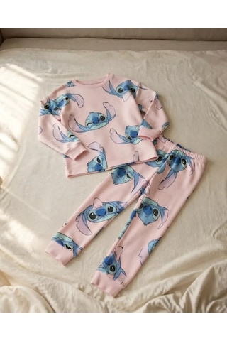 Isobel Kids Kız Çocuk Pembe Stitch Baskılı Uzun Kollu Pijama Takımı 2 Parça