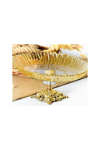 Elta Collection Aurora Oval Gold Ayaklı Cam Servis Tabağı Sunumluk 25 35 Cm Ayaklı Tabak Sarı