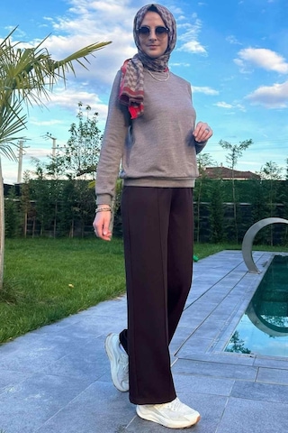 Rabia Şamlı Acı Kahve Nervürlü Bol Paça Pantolon Normal