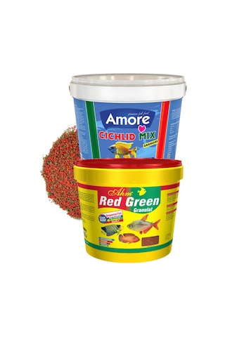 Amore Cichlid Mix + Red Green Granulat Karışık Kova Ciklet Balık Yemi 3 x 3 KG