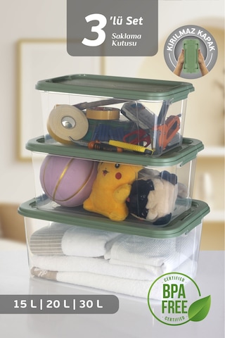 3'lü 15-20-30 L Çok Amaçlı Saklama Kabı Seti - Kilitli Kapak Banyo Mutfak Düzenleyici Saklama Kutusu Yeşil