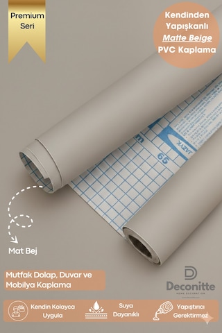 Deconitte Premium Kendinden Yapışkanlı Mat Bej Renk Pvc Mobilya Dolap Tezgah Duvar Kaplama Dekoratif 60x100cm