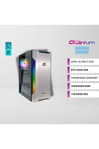Quantum Gaming DAZZLE DZ1701 Ultra 5 225F 32 GB 1 TB NVMe SSD 8 GB RTX5060 Free Dos Masaüstü Oyuncu Bilgisayarı