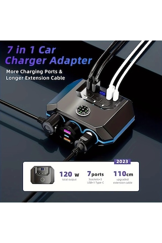 Boatshop1 7si 1 Arada Premium Araç Şarj Adaptörü Siyah 120w Hızlı Şarj 3 Priz 4 Usb Qc3.0 12 24v