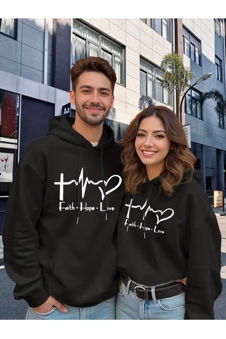 Nevermind Faith Hope Love Baskılı Hoodie Unisex Kapüşonlu Sweatshirt Çift Kombini 2'li Set Takım Siyah
