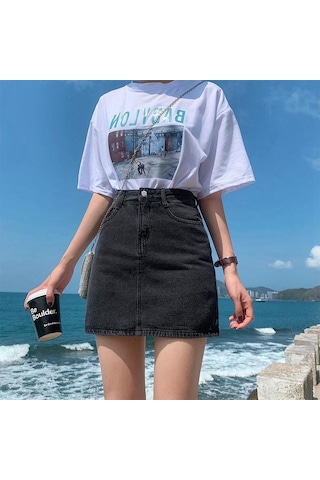 Kadın Etek Popüler Kot Etek Yüksek Bel Kore Kadınlar Için Diz Boyu Kısa Kot Etekler Siyah&gri Siyah - Gri