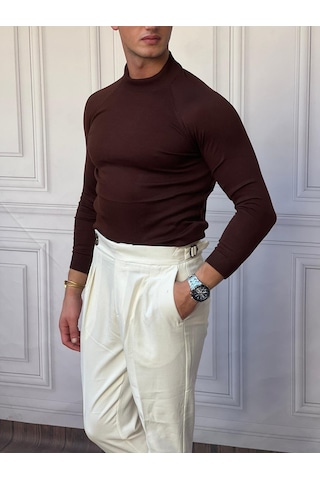 Modefendi Slimfit Kalıp Pamuklu Triko Yarım Balıkçı Triko Kazak Kahverengi