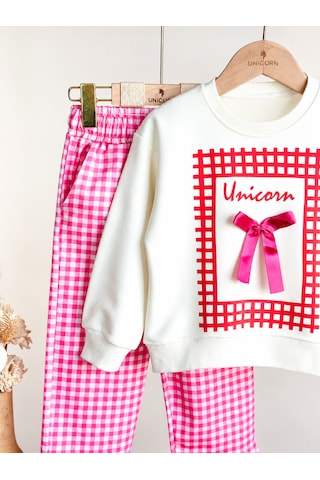 Elzo Collection Kız Çocuk Unicorn Baskılı Kurdele Detaylı Sweatshirt Gabardin Denim Kareli Kot Alt Üst Takım Çok Renkli