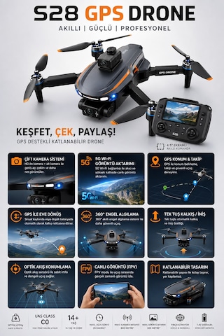 S28 Gps Drone Çift Kamera 5g Wi-fi 360 Engel Algılama Ekranlı Kumanda Katlanabilir Profesyonel Drone