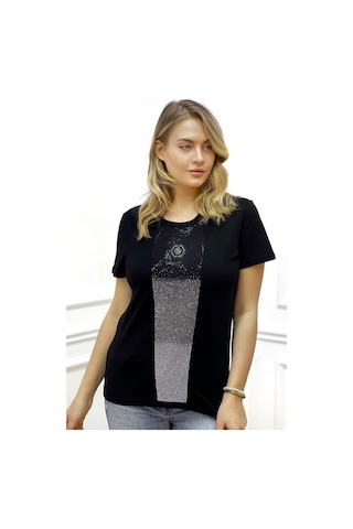 Rich Glam Bisiklet Yaka Crystal Taşlı Büyük Beden Plus Size Pamuk Şık Rahat Siyah Kadın T-shirt Siyah