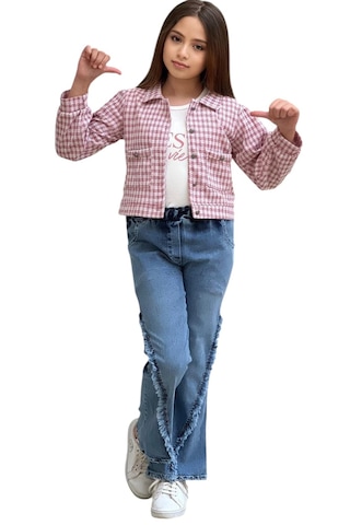 Kız Çocuk Kazayağı Desenli Pantolonu Püskül Detaylı Ceketli Takım Çok Renkli