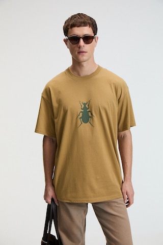Grimelange BOLD Erkek %100 Pamuk Oversize Fit Baskılı Kısa Kollu Yuvarlak Yakalı Koyu Bej T-Shirt
