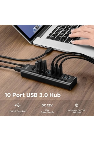Alüminyum 5 Gbps 10 Port Usb 3.0 Data Hub 12w 3a Power Adaptör Çevirici Dönüştürücü 10 Girişli