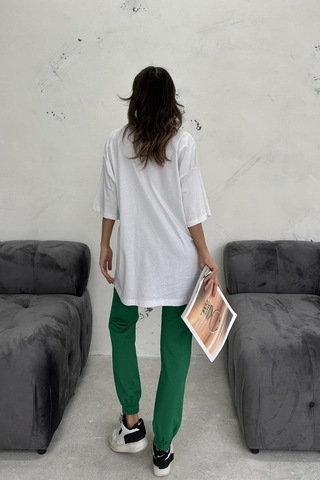 WeShaya Kadın Beyaz Yeşil Baskılı Lycra Oversize İkili Takım Beyaz