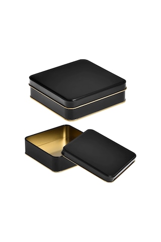 Kare Siyah Yarı Mat İçi Gold Laklı Metal Kutu Gıdaya Uygun Teneke Ambalaj 1 Adet