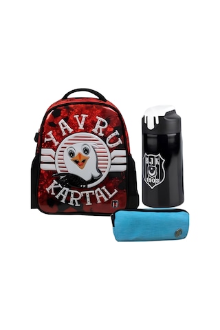 Genç Taraftar Anaokulu Çantası , Çift Gözlü Kalem Çantası - Suluk Matara Çok Renkli