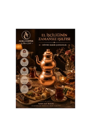 Gaziantep Geleneksel Büyük Boy Bakır Çaydanlık El İşçiliği Dövme Desenli Bakır Çaydanlık Takımı -seti 1mm Kalınlığında Bakır Renk Bakır Renk