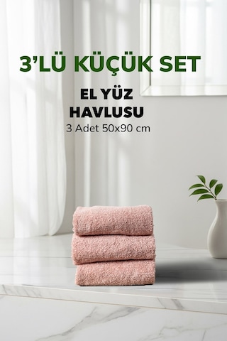 3 Lü Çizgili Pudra Renk Yumuşak Pamuk El Yüz Havlusu Seti 50x90 Cm