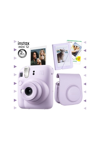Fujifilm Instax Mini 12 Fotoğraf Makinesi + 20'lu Film + Mini Albüm + Deri Kılıf Seti Lila