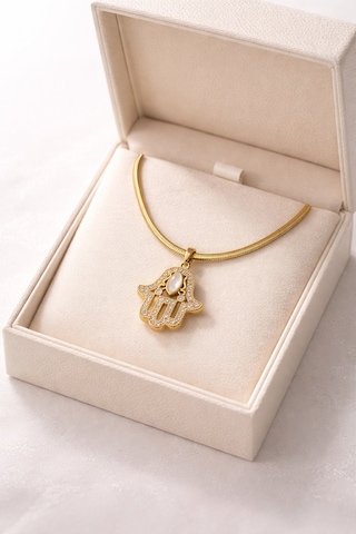 Çelik Hamsa Fatma Eli Kolye Model 9 Taşlı Altın Renk İtalyan Zincir Kadın Kolye Gold