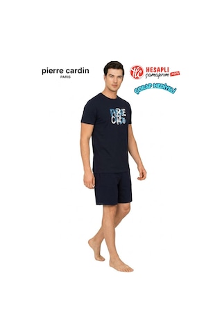 Pierre Cardin Paris Premium Erkek %100 Pamuk Baskılı Yazlık Rahat Kesim Şortlu Pijama Takımı Lacıvert