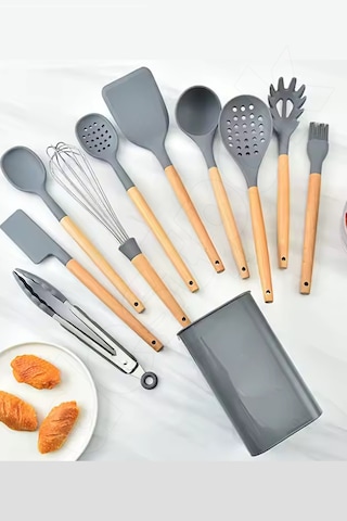 Gri 11'li Bambu Saplı Silikon Servis Seti - Kepçe, Kevgir, Maşa
