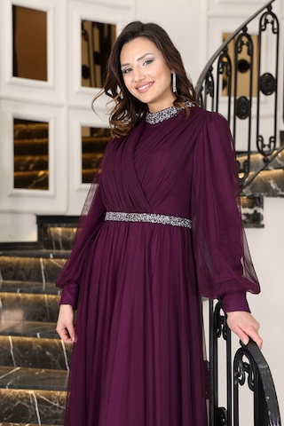 Senna Taş Detaylı Büyük Beden Şık Tesettür Abiye Mürdüm