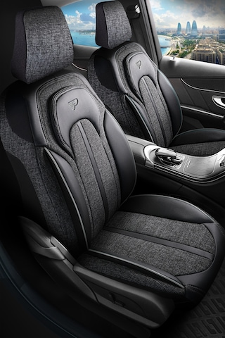 Füme - Gri Panda Sevılla Serısı Keten Kumaş Oto Koltuk Kılıfı - Tam Set