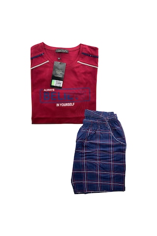 Dode Flora Erkek Yazılı Kısa Kollu Şortlu Pijama Takım - 1204 - Ovr - Slp Bordo