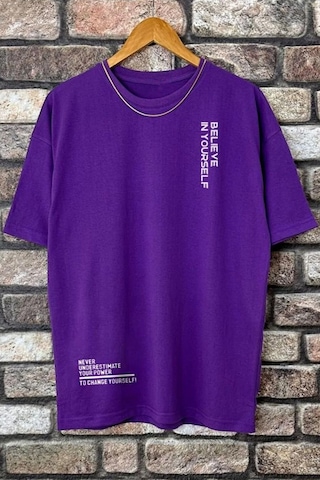 Erkek Belive İn Yourself Baskılı Oversize Tshirt Mor