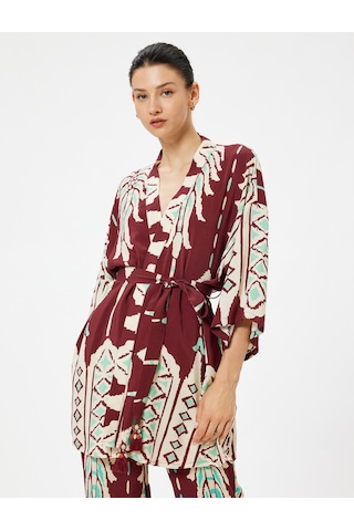 Koton Koton X Melis Ağazat - Viskon Uzun Kimono Geniş Kollu Kuşak Detaylı Floral Etnik Desenli Kahverengi Desenli 4sak50036ew Kahverengi