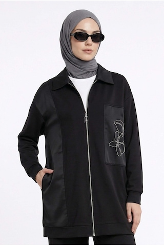 Armine Trend Zincir Çiçek Desenli Boydan Fermuarlı Pantolonlu İkili Takım Siyah 26yt601