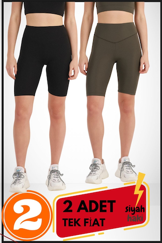 Kadın Kısa Siyah & Haki Şort Tayt 2'li Paket Lycralı Yüksek Bel Toparlayıcı Mevsimlik Biker 21074 Siyah - Haki