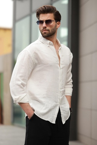 Madmext Beyaz Basic %100 Pamuklu Uzun Kollu Erkek Gömlek E6761 Beyaz