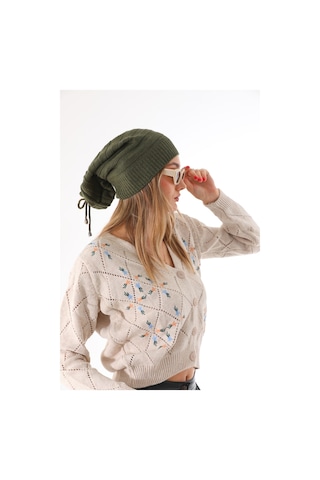 Kadın Ipli Bere Haki Selanik Örgü Atkı Takım Haki