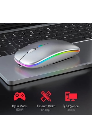 Polham Şarjlı Rgb Işıklı Çift Modlu Kablosuz Mouse, Laptop, Tablet, Telefon, Tv Uyumlu Mouse Süper Sessiz 007