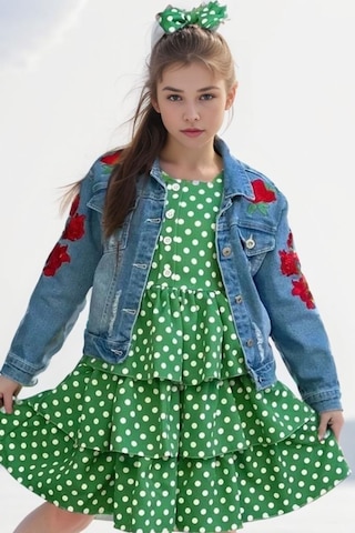 Riccotarz Kız Çocuk Çiçek Baskılı Kot Ceket Puantiyeli Kat Kat Piliseli Yeşil Elbise Yeşil