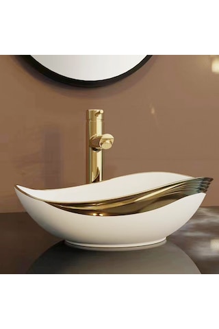 Ey-4830a Parlak Beyaz & Altın Tezgah Üstü Lavabo Altın - Beyaz