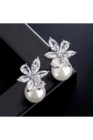 Monemel Kristal Taşlı İnci Detaylı Kristal Küpe Altın Kaplama Gümüş - Rodyum