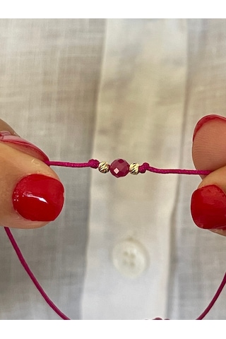 14 Ayar Altın Çift Dorika Detalı Doğal Yakut Taşlı Minimal Tasarım Altın Bileklik Altın