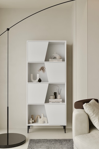 Roma Kitaplık 175 Cm - Vitrin - Gümüşlük 100% Mdf Metal Ayak Beyaz