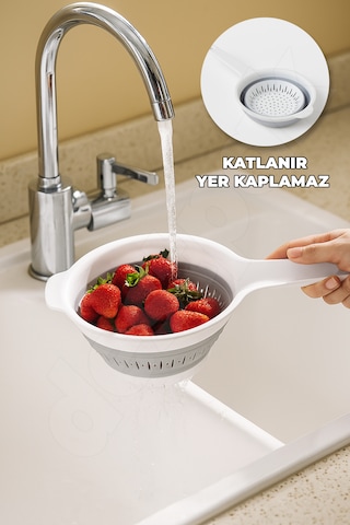 Yer Kaplamaz Katlanabilir Saplı Süzgeç - Akordiyon - Katlanır Süzgeç - Pirinç Meyve Yıkama Süzgeci Beyaz - Gri